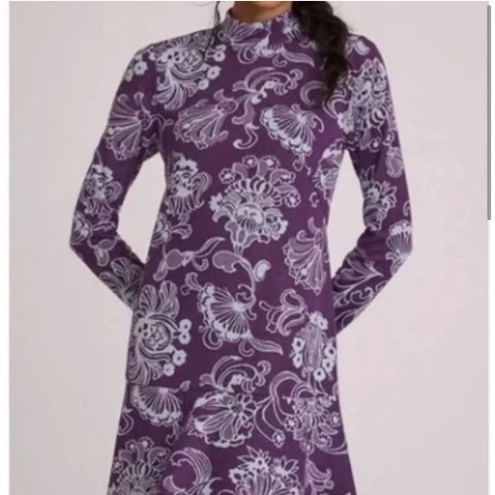 Plum knit mock turtleneck mini dress with cutout back by Anthropologie